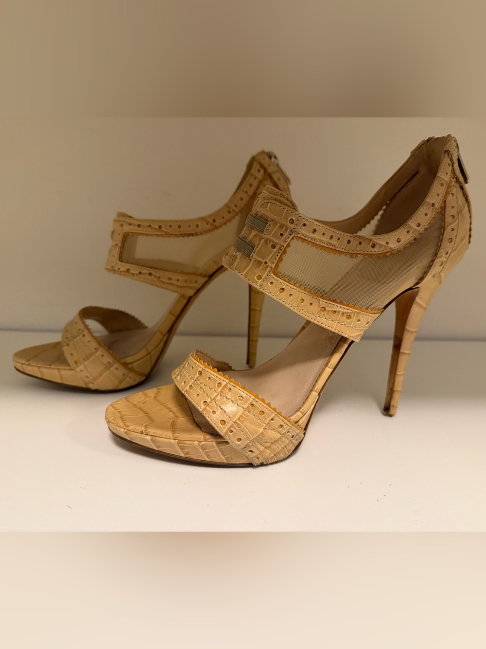Dior Beige Croc-Embossed Mesh High Heel Sandals